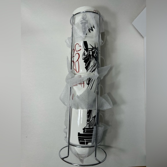 CLARO - Porcelain 12oz Stackable Statue of Liberty Mug Set w/ Chrome Rack - BNIB - Picture 9 of 12